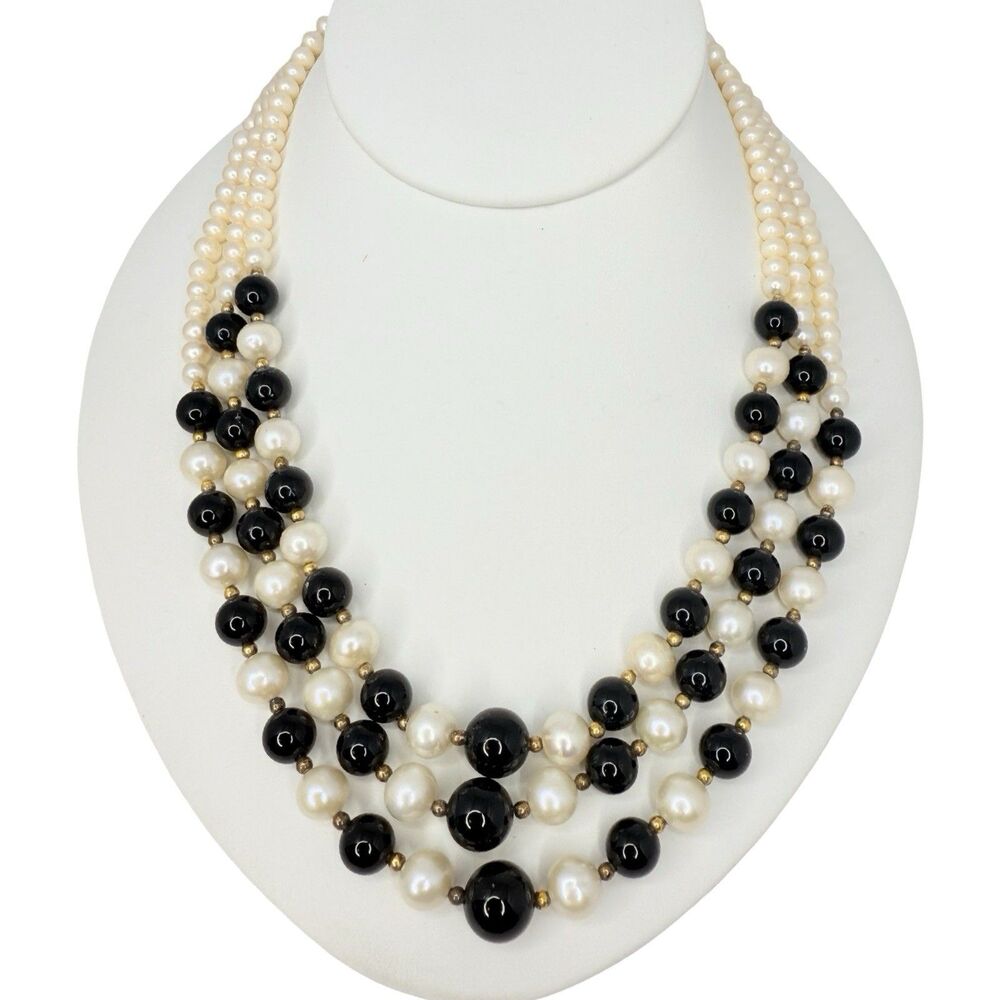 VTG White Pearl & Onyx Multi Strand Necklace 18" Gold Over 925 Sterling Silver